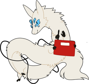 Sielu, a white wormlike creature, holding a drawing tablet